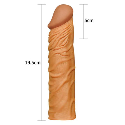 Penis Sleeve Add 2 Pleasure X Tender Brown with realistic texture and measurements 19.5cm x 5cm for enhanced stimulation.