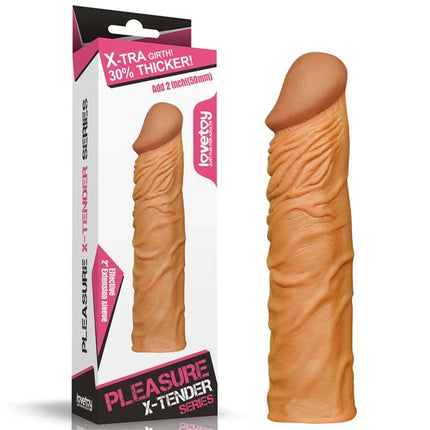 LoveToy Penis Sleeve Add 2 Pleasure X Tender Brown with realistic texture for enhanced sensation and authentic stimulation.
