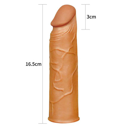 Penis Sleeve Pleasure X Tender Brown realistic sleeve with lifelike veins and glans, measuring 16.5cm by 3cm.