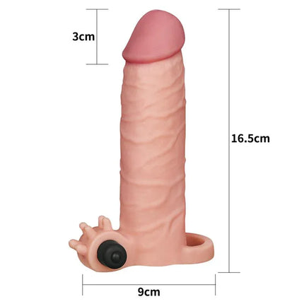 Penis Sleeve with Vibration Add 2 Pleasure X Tender Flesh shown with dimensions, realistic design, and secure base for enhanced intimacy