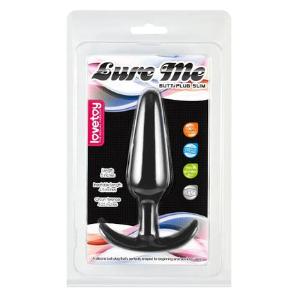 Butt Plug Lure Me Size L Black in packaging featuring body-safe silicone and secure anchor base design.