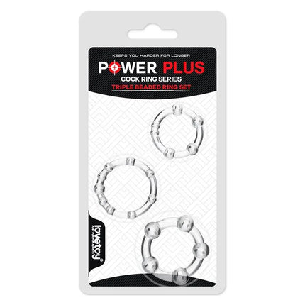 Pack of 3 Penis Ring Power Plus Triple Clear packaging showing three beaded cock rings in a set for enhanced sensation and fit.