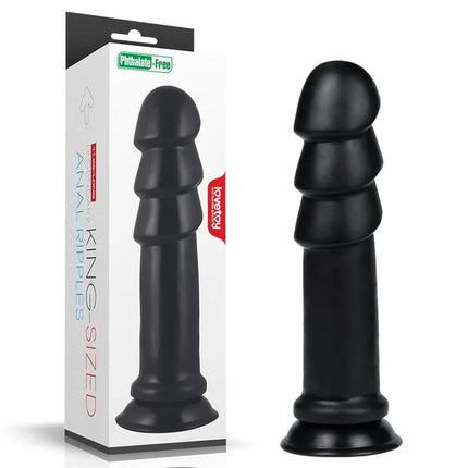 Dildo King Sized Anal Ripples 11.25 Black, flexible black PVC, phthalate-free, with circumferential ripples for enhanced pleasure.