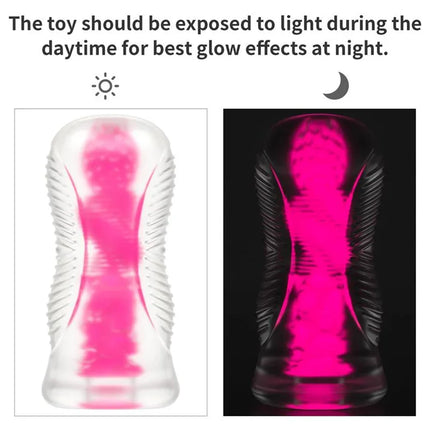 Lumino Play Masturbator Pink Glow 6.0 displaying glow effect in the dark and daylight, enhancing solo experience with textured design.