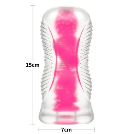 Lumino Play Masturbator Pink Glow 6.0 with glow-in-the-dark feature and textured design, measuring 15cm by 7cm.