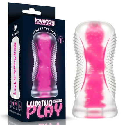 Lumino Play Masturbator Pink Glow 6.0 with packaging, glow-in-the-dark feature, textured design for satisfying experience