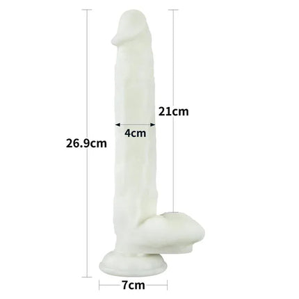 Dildo Lumino Play 10.5 glow-in-the-dark pleasure tool with measurements highlighting length and width.
