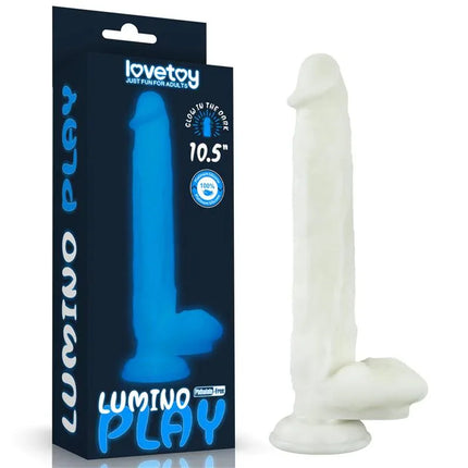 Dildo Lumino Play 10.5 glow-in-the-dark pleasure tool with packaging and product shown
