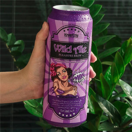 Hand holding a Pleasure Brew Masturbator vagina Wild Ale can with vibrant purple design featuring vintage artwork.