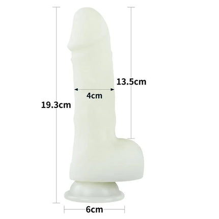 Dildo Lumino Play 7.5 with glow effect, showing dimensions: 19.3cm height, 4cm width, ideal for dimly lit intimate moments.