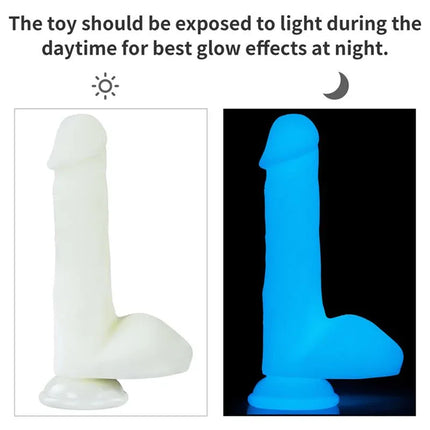 Dildo Lumino Play 8.0 glow-in-the-dark showing daytime and nighttime effects, body-safe material