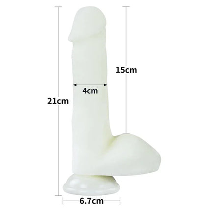 Dildo Lumino Play 8.0 glow-in-the-dark dildo with dimensions, safe for versatile play and harness-enabled use.
