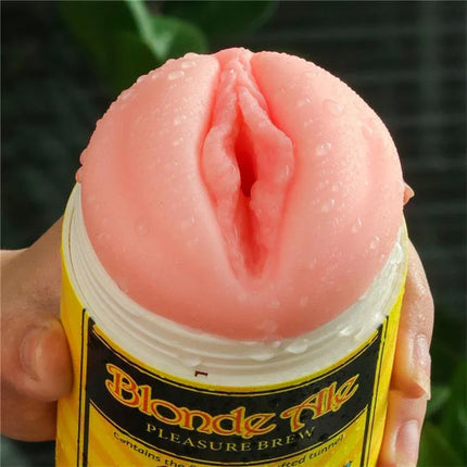 Close-up of Pleasure Brew Masturbator Vagina Blond Ale with realistic design and discreet beer can appearance.