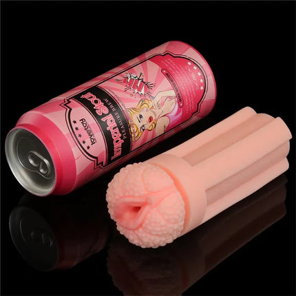 Pleasure Brew Masturbator Vagina Imperial Stout in pink beer can design, shown with lifelike TPE sleeve for realistic feel.
