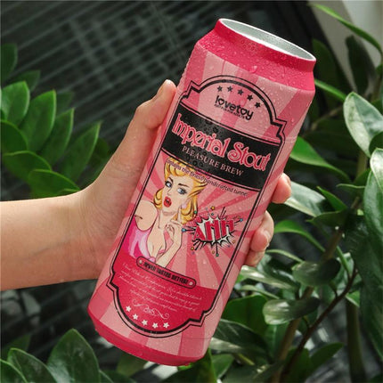 Hand holding Pleasure Brew Masturbator Vagina Imperial Stout discreet beer-can style masturbator packaging outdoors