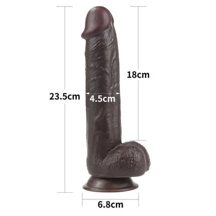 Dildo Sliding 9 Black with dimensions, 23.5cm length, 4.5cm width, realistic design, dual-density, flexible TPE sex toy