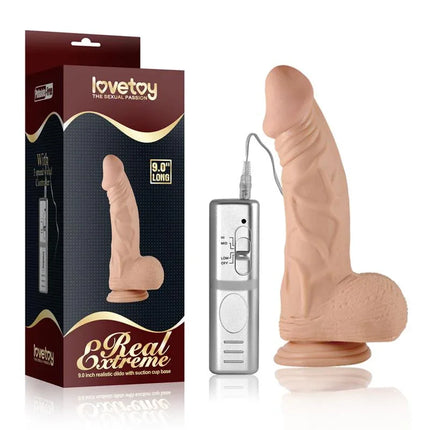 Dildo Real Extreme Dildo with Vibration 9 Flesh next to its packaging and remote control