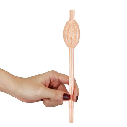 Hand holding Pussy Straws Pack of 9 novelty vagina-shaped straw for themed parties.
