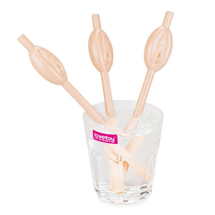 Pussy Straws Pack of 9 in a glass, featuring novelty vagina-shaped plastic design, enhancing party themes and conversation.