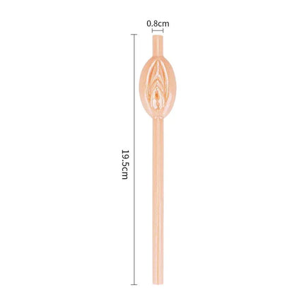 Pussy Straws Pack of 9 featuring a single vagina-shaped plastic straw with measurements shown for party decoration.