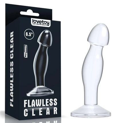 Butt Plug Flawless Clear 6.5 Clear in retail packaging, transparent design for prostate and G-spot stimulation.