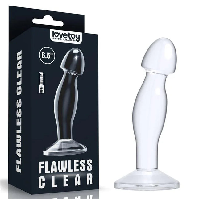 Butt Plug Flawless Clear 6.5 Clear in retail packaging, transparent design for prostate and G-spot stimulation.