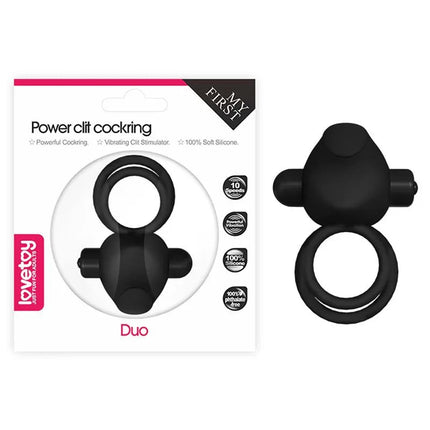 Double Vibrating Cockring Power Clit Duo Black with packaging and flexible rings, designed for couple-enhanced stimulation.