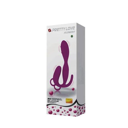 Pretty Love Butt Plug Flowery Purple packaging with silicone material and vibration features.