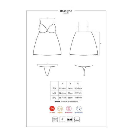 Rosalyne Babydoll and Thong Red Size S/M size chart and fabric details