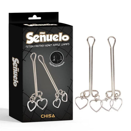 Señuelo Heart Nipple Clamps with romantic heart-shaped tips in stylish packaging.