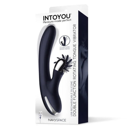 Navyspace Vibe with Rotating Tongues Blue vibrator packaging showcasing dual-motor features for internal and clitoral stimulation.