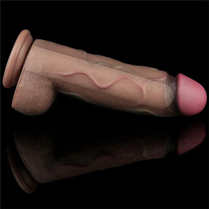 Dildo Dual Layered Silicone XXL 12 with suction cup on black background for lifelike experience