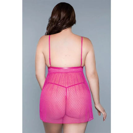 Back view of Hailey Babydoll Fuchsia Size S lingerie showcasing sheer fabric and lace detailing.