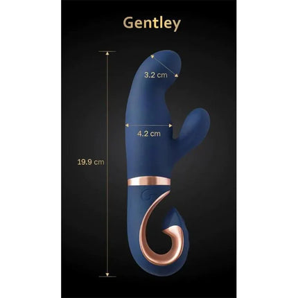 Gentley G-spot Vibe Caribbean Blue with measurement details on black background, dual motors for G-spot and clitoral stimulation.
