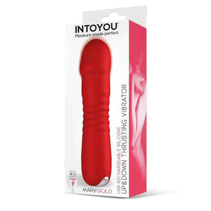 Red Marygold Stimulator with Thrusting Up & Down Movement USB Silicone in packaging on white background.