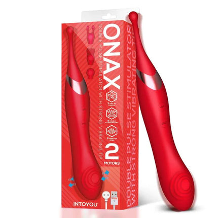 Onax Double Pulse Stimulator with Vibrating Tip USB in packaging, showcasing its dual motors and versatile design for maximum pleasure.