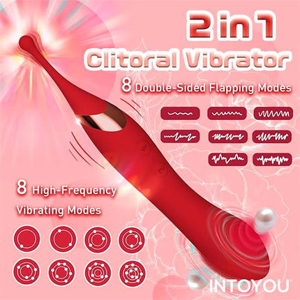 2 in 1 clitoral vibrator with 8 flapping and vibrating modes, showcasing red design and features, by INTOYOU.