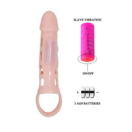 Harrison Penis Sleeve with vibration featuring elastic sheath, built-in vibration, and battery components for heightened pleasure.