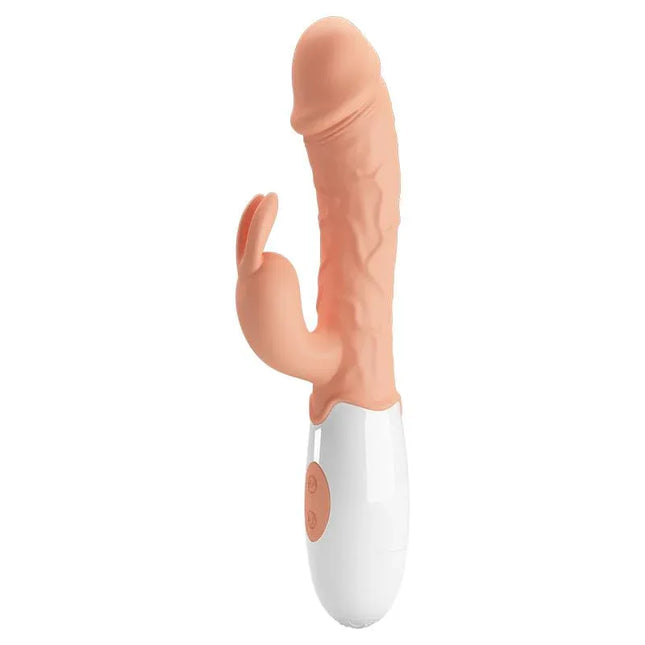 Easter Bunny Vibe 30 vibration functions dual-motor vibrator with G-spot and clitoral stimulation features, shown in light peach color.
