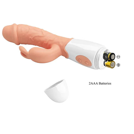 Easter Bunny Vibe 30 vibration functions dual-motor vibrator with removable battery compartment, showing AAA battery insertion.