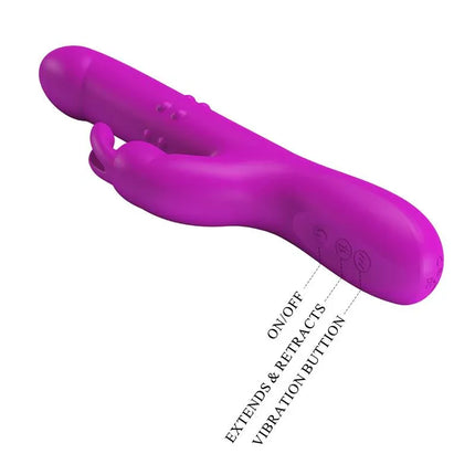 Reese Vibe with Internal Beads and Thrusting USB featuring vibration and thrust functions. Purple rabbit vibrator with control buttons.