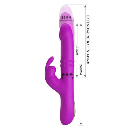 Reese Vibe with Internal Beads and Thrusting USB purple rabbit vibrator with measurements and multiple stimulation functions.