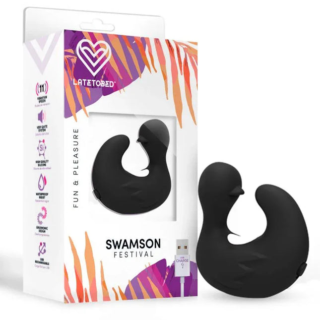 Swamson Stimulator Duckling Thimble USB Silicone Black with packaging, showing a compact, discreet design for intimate pleasure.