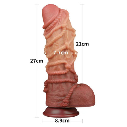 Dildo Dual Layer King Size Nature 10.5, ultra-realistic design with dimensions 27cm height, 21cm width, 7.7cm girth, and 8.9cm base.
