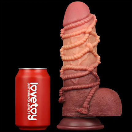Dildo Dual Layer King Size Nature 9.5 with realistic texture beside a comparison can, showcasing its size and detailed design.