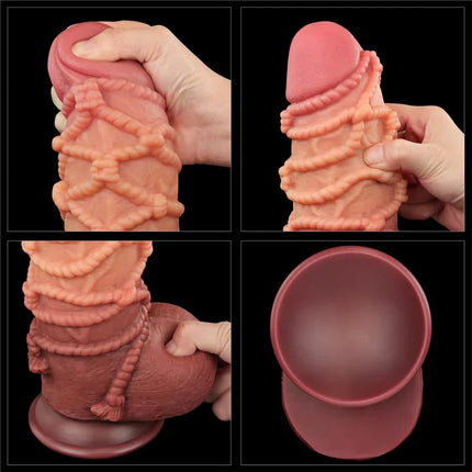 Dildo Dual Layer King Size Nature 9.5 with realistic texture and size comparison, showcasing premium silicone build for enhanced pleasure.