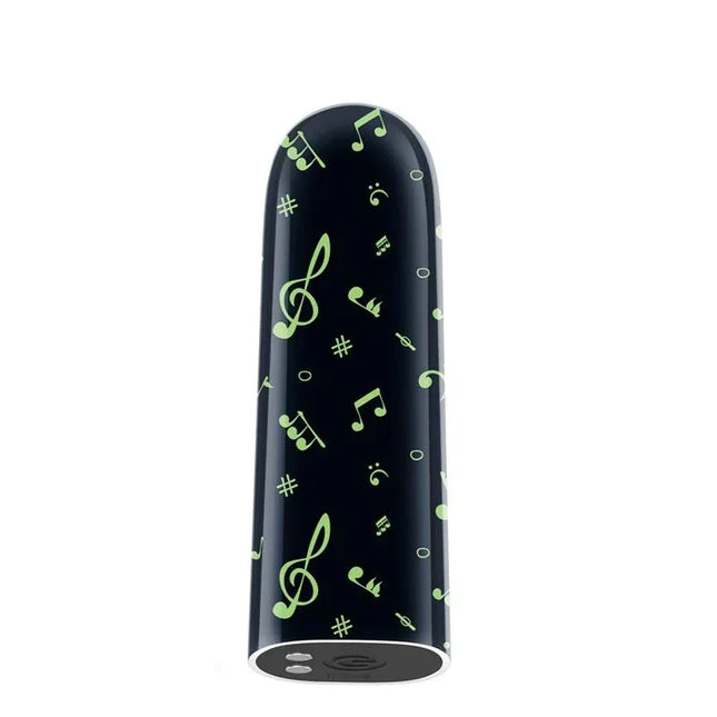 Vibrating Bullet Glow-in-the-dark with music note design, compact size, travel-friendly