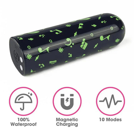 Vibrating Bullet Glow-in-the-dark with musical symbols, offers 10 modes, magnetic USB charging, and is 100% waterproof.