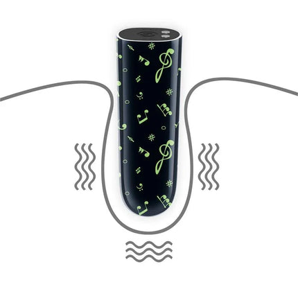 Vibrating Bullet Glow-in-the-dark with musical pattern design and wavy lines, showcasing compact and playful design ideal for travel.