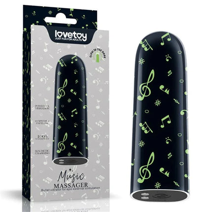 Vibrating Bullet Glow-in-the-dark with musical notes pattern packaging, compact travel-friendly design